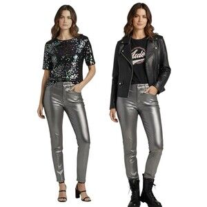 Chicos Size 3 16 Womens So Slimming Girlfriend Coated Silver Gator Ankle Jeans